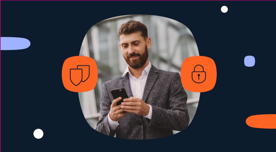 Hombre con celular en la mano e íconos de seguridad y protección.