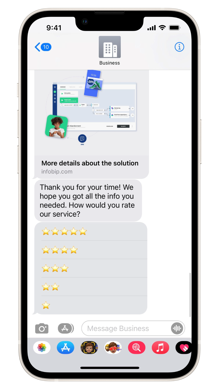 An iPhone screen displaying a business conversation in Apple Messages for Business. The chat includes an image with a link titled "More details about the solution" and a follow-up message asking the user to rate the service. Below the message, several quick reply options with star ratings from five to one star are shown.