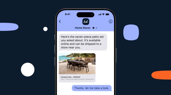 A graphic for Infobip titled "Apple Messages for Business – What is it and how to use it for customer support." The image features a smartphone conversation between a customer and a business called "Home Decor." The business shares details about a seven-piece patio set, including a photo and price, while the customer replies, "Thanks. let me take a look." Infobip branding is visible in the lower left corner.