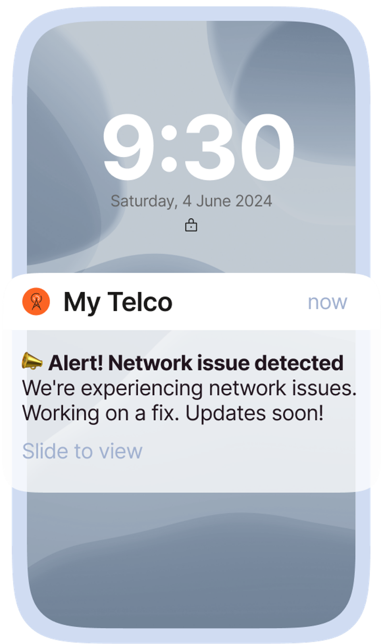 A smartphone lock screen notification from My Telco reads: "📣 Alert! Network issue detected. We're experiencing network issues. Working on a fix. Updates soon!" Timestamp: Saturday, 4 June 2024, 9:30.
