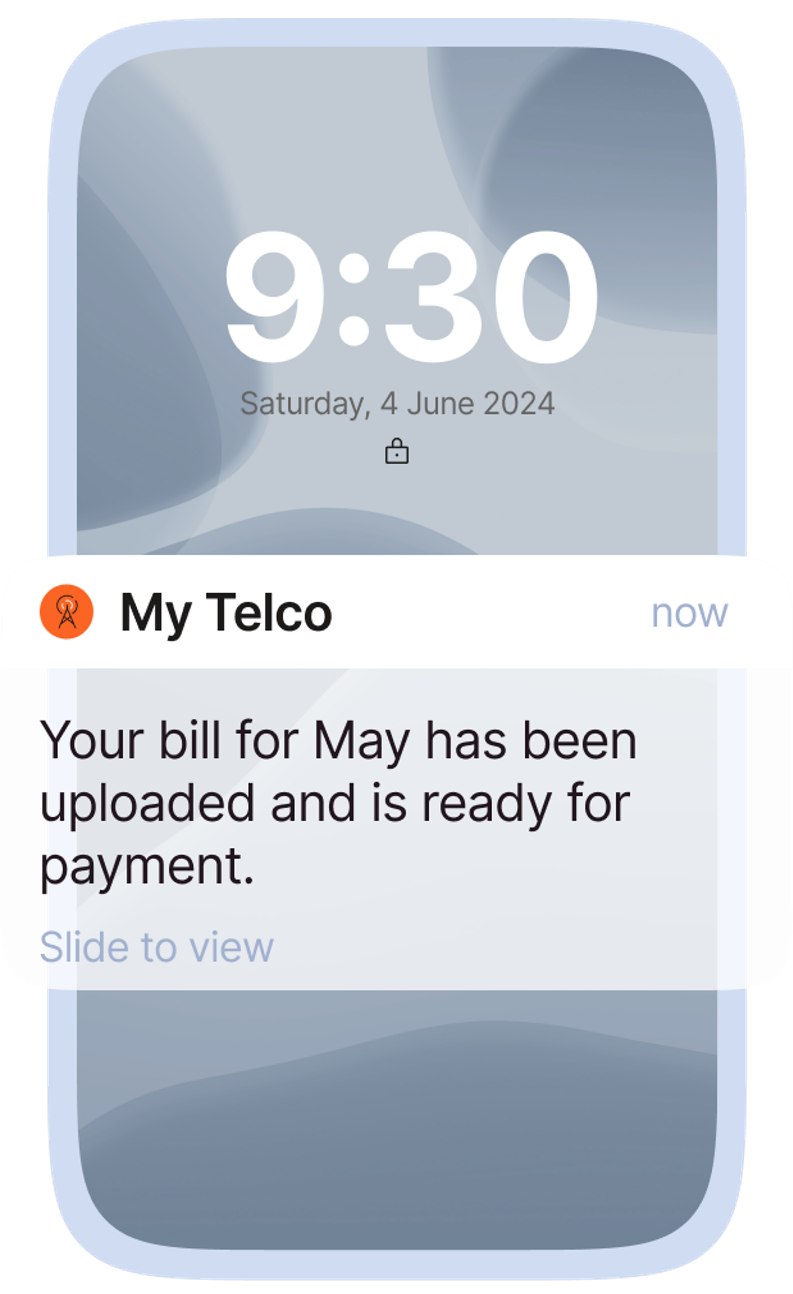 A smartphone lock screen notification from My Telco reads: "Your bill for May has been uploaded and is ready for payment." Timestamp: Saturday, 4 June 2024, 9:30.