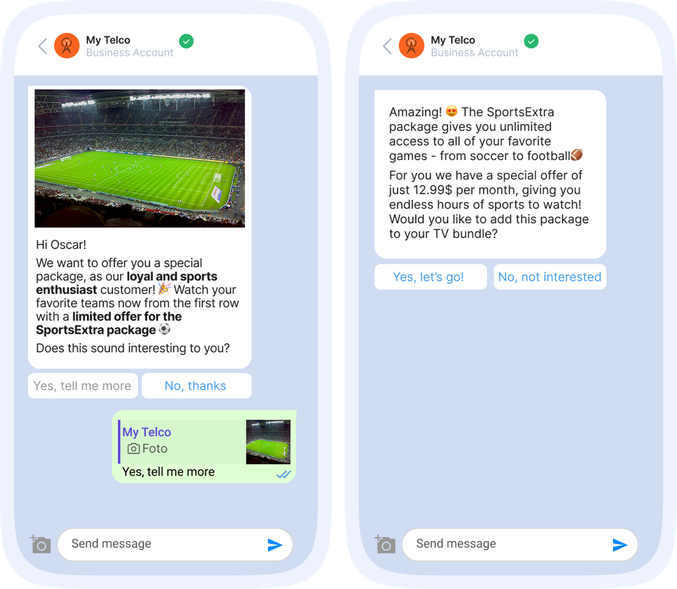 Two smartphone screens show a personalized WhatsApp marketing conversation. The first screen displays a stadium image and a message: "Hi Oscar! We want to offer you a special package, as our loyal and sports enthusiast customer! 🎉 Watch your favorite teams now from the first row with a limited offer for the SportsExtra package ⚽ Does this sound interesting to you?" Buttons: "Yes, tell me more" and "No, thanks." The user taps "Yes, tell me more." The second screen continues: "Amazing! 😍 The SportsExtra package gives you unlimited access to all of your favorite games - from soccer to football🏈 For you we have a special offer of just 12.99$/month, giving you endless hours of sports to watch! Would you like to add this package to your TV bundle?" Buttons: "Yes, let's go!" and "No, not interested."
