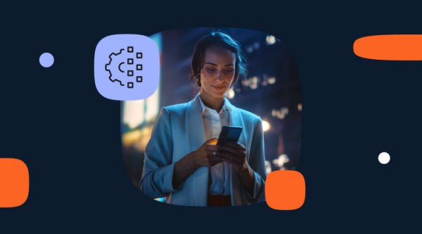 Woman in a blazer looking at her smartphone at night with city lights blurred in the background. The photo is on a dark navy background with periwinkle and orange accent shapes and an automation/AI gear icon.