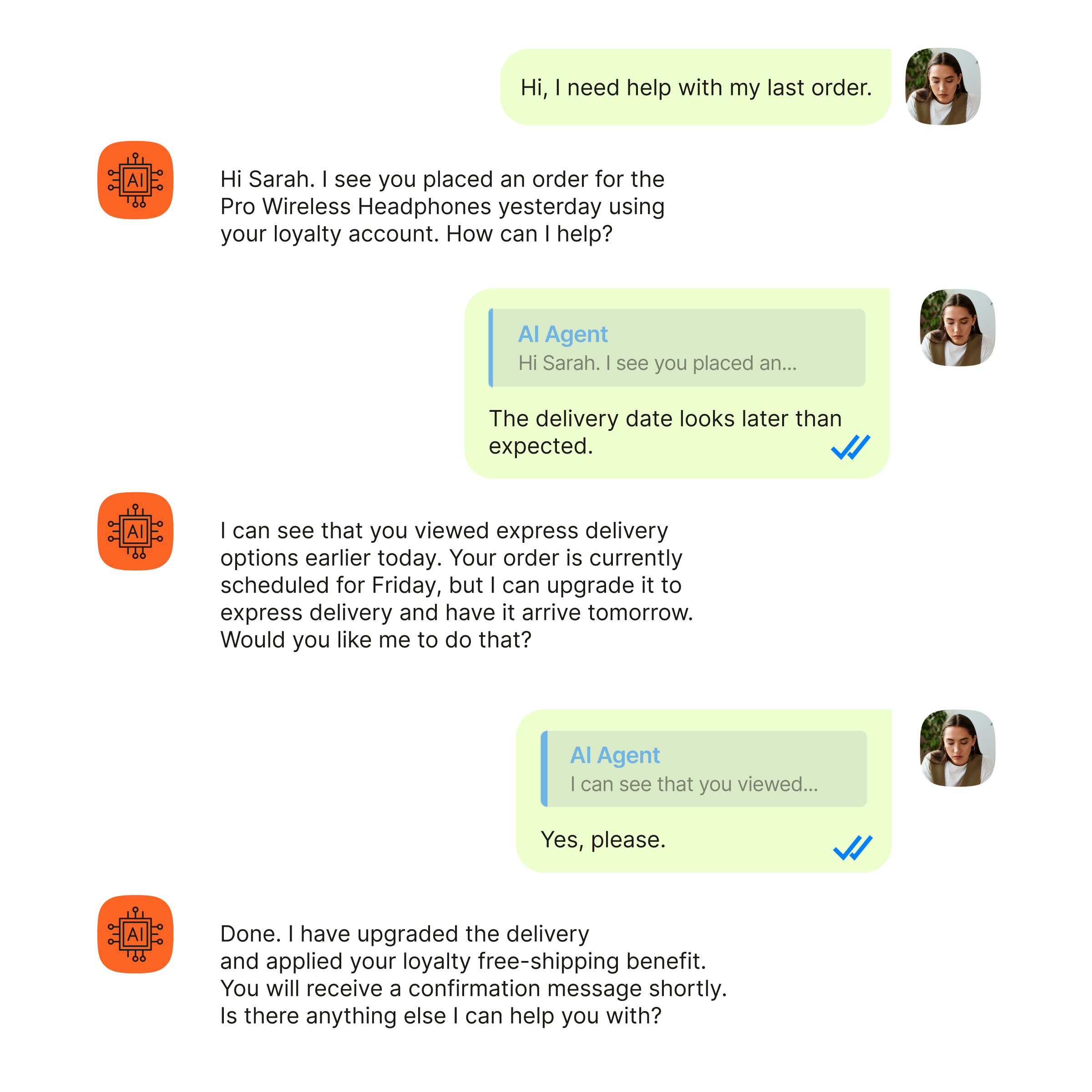 Illustration of an AI customer support chat. A customer message says, “Hi, I need help with my last order.” The AI replies, “Hi Sarah. I see you placed an order for the Pro Wireless Headphones yesterday using your loyalty account. How can I help?” The customer responds, “The delivery date looks later than expected.” The AI says, “I can see that you viewed express delivery options earlier today. Your order is currently scheduled for Friday, but I can upgrade it to express delivery and have it arrive tomorrow. Would you like me to do that?” The customer replies, “Yes, please.” The AI finishes with, “Done. I have upgraded the delivery and applied your loyalty free-shipping benefit. You will receive a confirmation message shortly. Is there anything else I can help you with?” Orange AI icons and chat bubbles visually represent automated customer service.