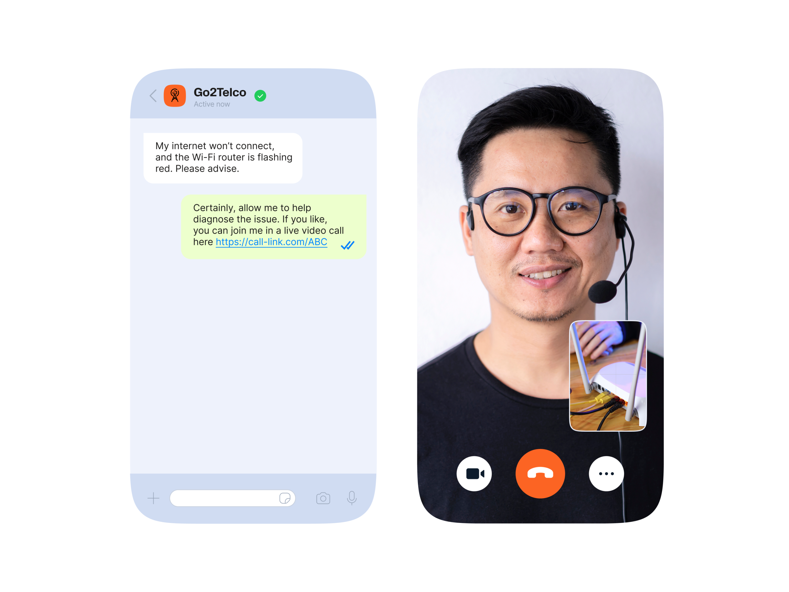 Split view of a chat conversation with a call link for router troubleshooting alongside the live video call showing the router close-up