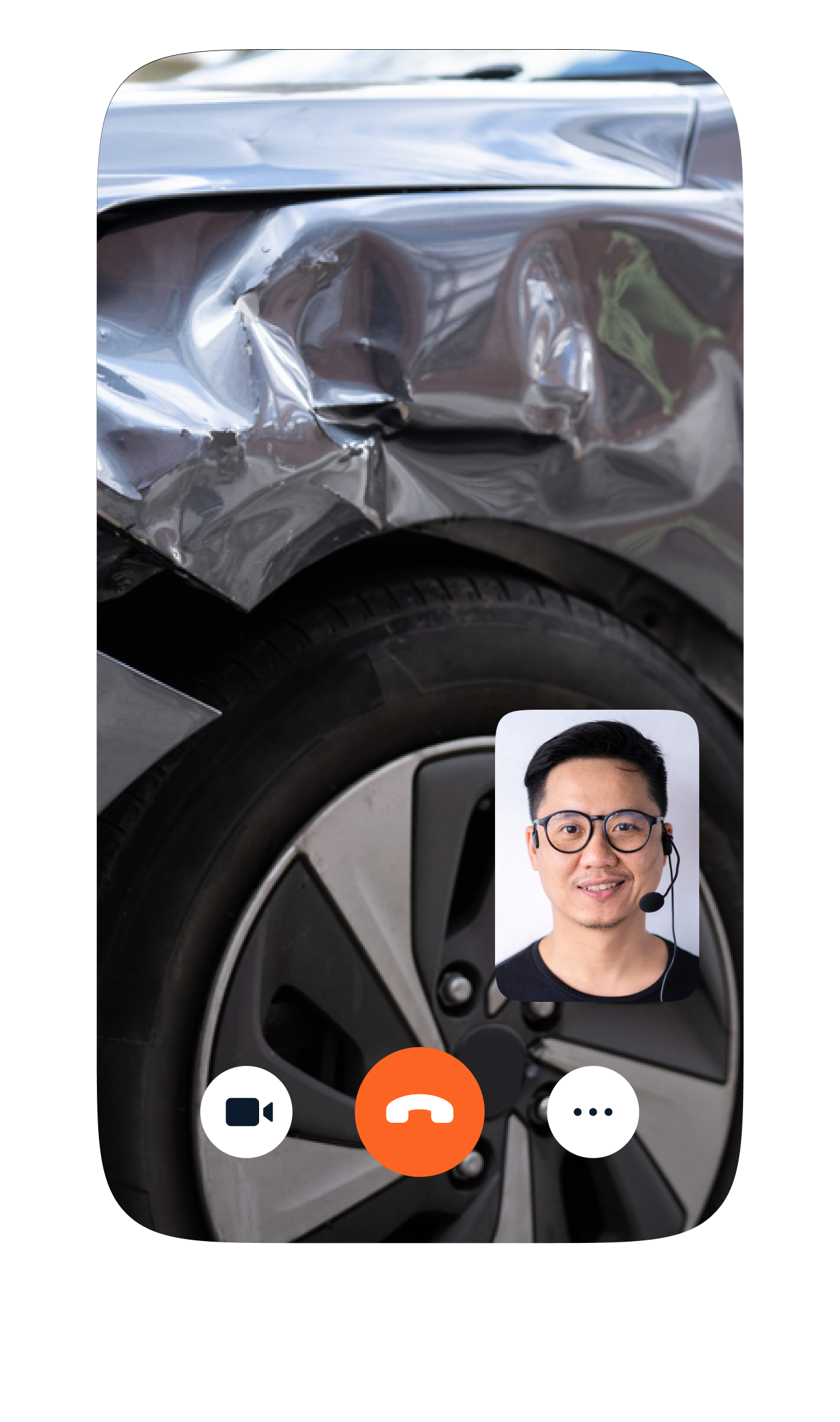 Video call screen showing damaged car bodywork with a support agent wearing a headset in a picture-in-picture window