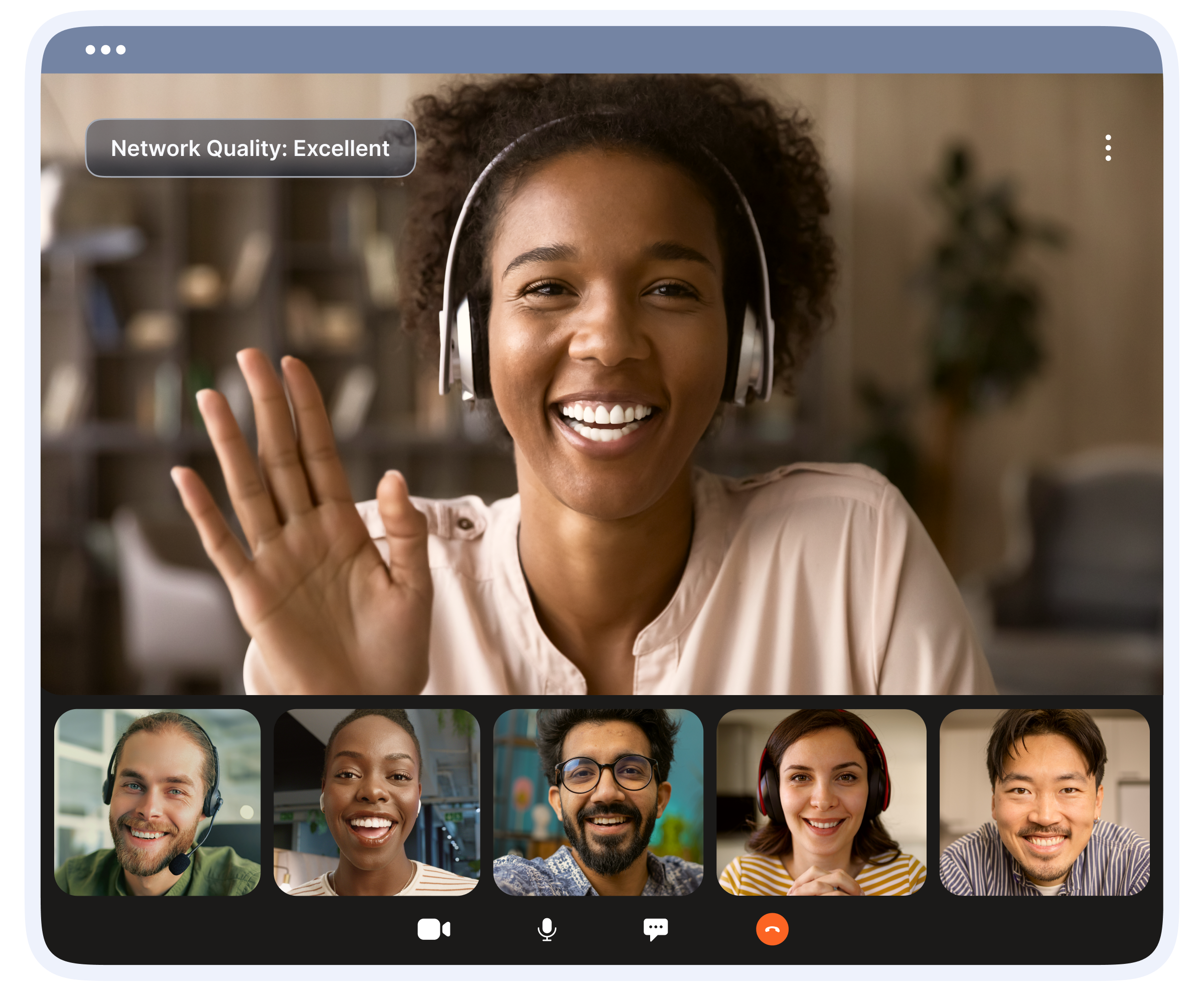 Group video call with six participants and a 'Network Quality: Excellent' indicator displayed on screen