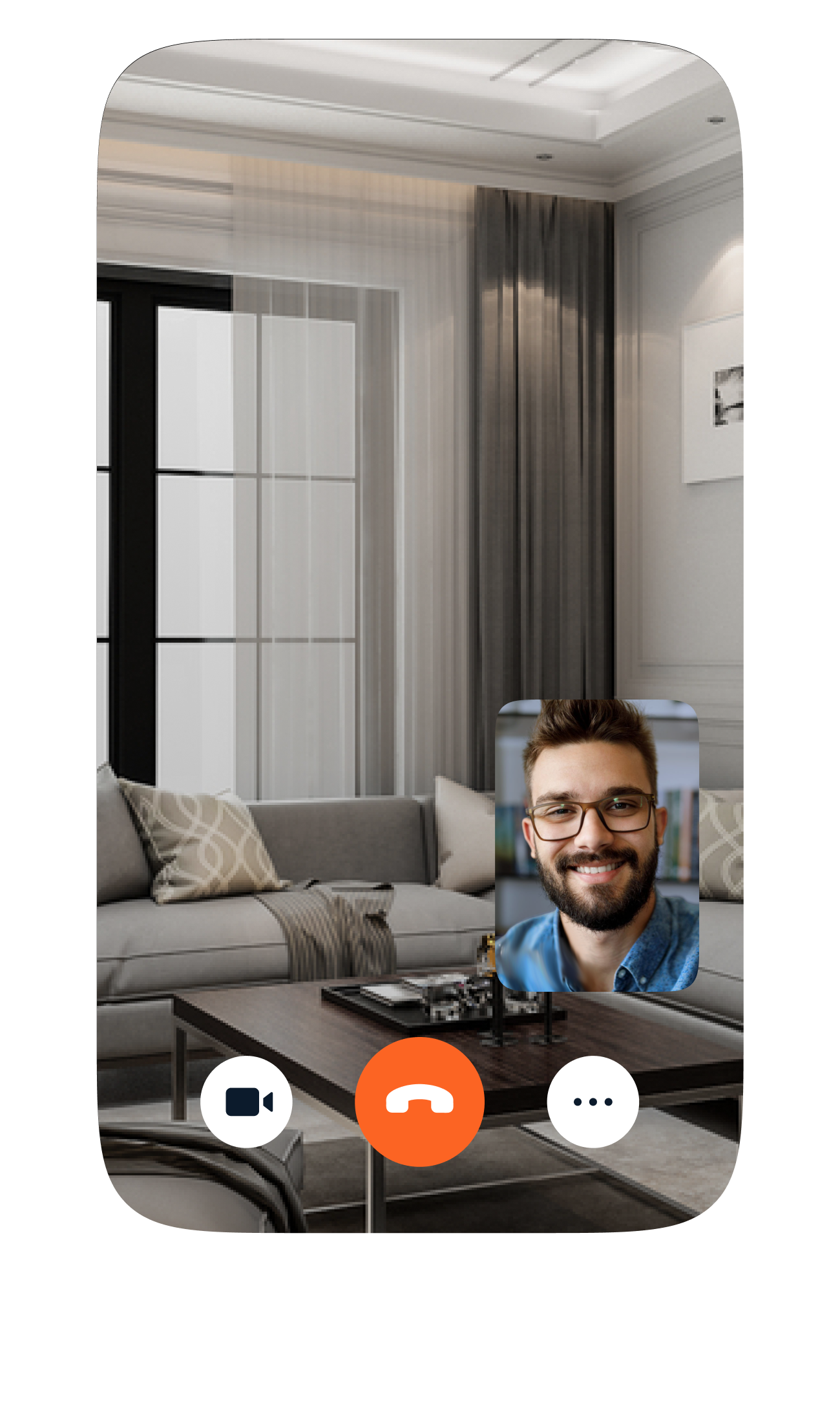 Video call screen showing a living room interior with a support agent in a picture-in-picture window