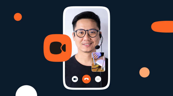 Illustration of a support agent on a video call helping a customer troubleshoot a Wi-Fi router, with a video camera icon