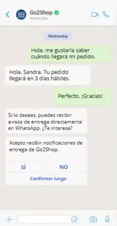 Captura de pantalla de una conversación de WhatsApp entre el cliente y la tienda Go2Shop. Se muestran mensajes: pedido confirmado y entrega en 3 días, con opciones de recibir notificaciones y confirmar. Diseño con burbujas de texto verde y blancas, ícono de cámara y barra de envío en la parte inferior.