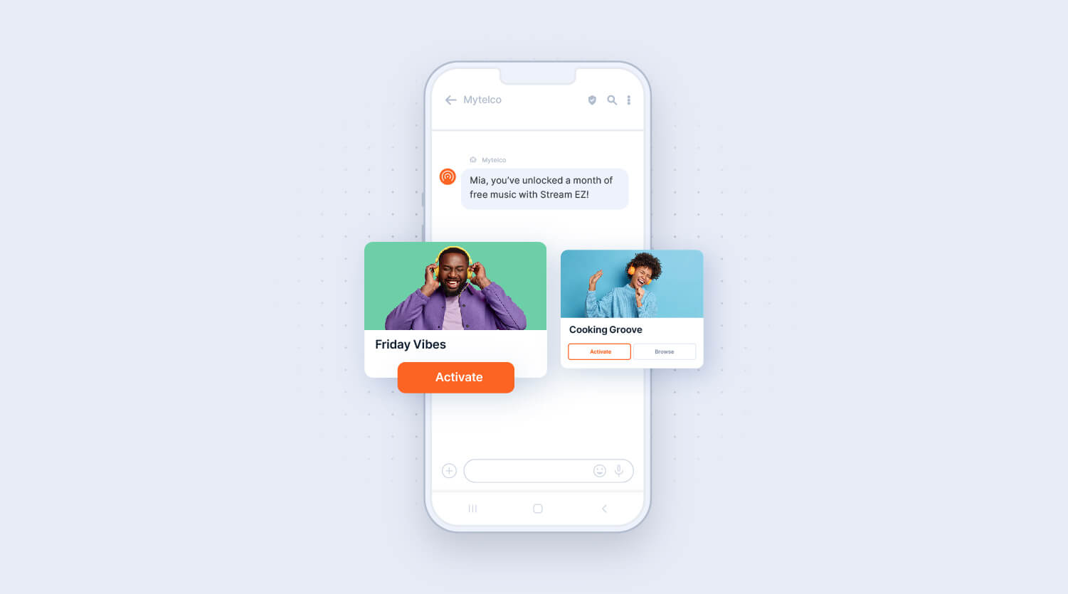 A smartphone mockup displays a WhatsApp chat with My Telco business account. The user sends "Hi." My Telco replies, "Hello there! How can I help you today?" with five reply buttons underneath: "Check my invoice," "Talk to an agent," "Subscription," "Returns," and "Technician scheduling." The background is dark blue with abstract orange, white, and light purple shapes for a modern, minimalistic design.