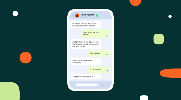 Smartphone screen displaying a WhatsApp-style conversation with a travel agency. Messages read: greeting asking about January getaway promo, customer asking for options, agent recommending a 3-day escape and offering to send a secure order link, customer agreeing, order link sent confirmation, customer thanking, and agent replying “Awesome! Bon Voyage” with a party popper emoji. The travel agency profile features an orange airplane icon and a green verification checkmark.