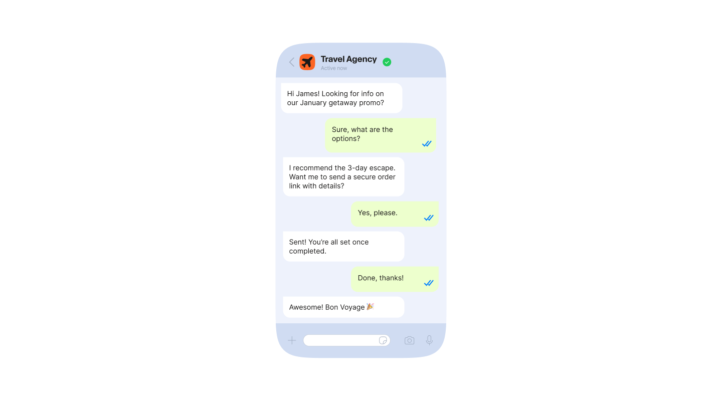 Smartphone screen displaying a WhatsApp-style conversation with a travel agency. Messages read: greeting asking about January getaway promo, customer asking for options, agent recommending a 3-day escape and offering to send a secure order link, customer agreeing, order link sent confirmation, customer thanking, and agent replying “Awesome! Bon Voyage” with a party popper emoji. The travel agency profile features an orange airplane icon and a green verification checkmark.
