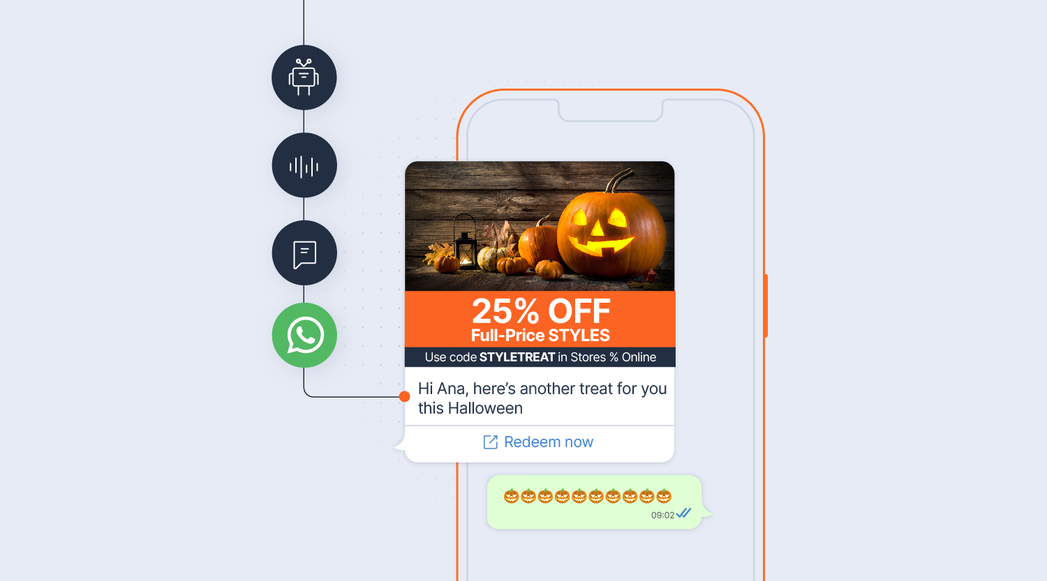 A woman shops online using her smartphone and credit card, with a promotional message and ad from a sunglasses store offering 50% off for Black Friday. Text on image reads “A strategic guide to seasonal marketing” with Infobip branding.