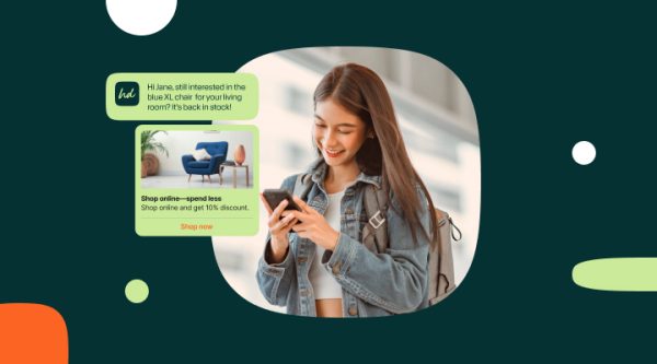 A young woman smiling while using her phone, with a chat message overlay showing a product recommendation for a blue XL chair and a 10% discount offer, representing conversational commerce in action.