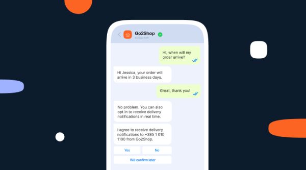 WhatsApp opt-ins visual with a dark blue background alongside a smartphone chat showing a verified business called Go2Shop. The conversation displays a delivery update and an opt-in request for receiving notifications in real time, with Yes, No, and confirm buttons at the bottom, illustrating how brands capture WhatsApp opt-in consent through chat.