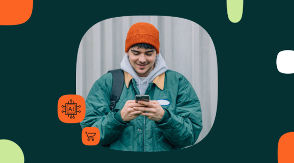 Young man in an orange beanie looking at his phone, with AI and retail icons on a dark green background.