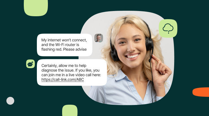 Customer support agent using a headset while chatting with a customer about an internet connectivity issue and offering help through a live video call.
