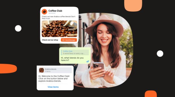 A visual intro into the WhatsApp Flows blog. A woman wearing a hat is sitting outdoors, holding a smartphone. Surrounding her are chat bubbles and promotional messages from "Coffee Club." One message says, "Check out new Arabica coffee blends! Don’t miss it out." with a "Check out our shop" button and a "Send Message" button. Another chat bubble contains the text, "Hi, what blends do you have in?" A third message reads, "Hi, Welcome to the Coffee Club! Click on the button below and explore Arabica blends." with a "View items" button.