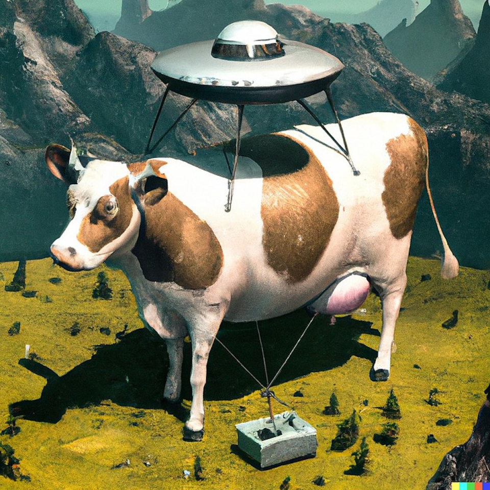 An image generated by DALL-E 2 based on the text prompt “1960s art of cow getting abducted by UFO in midwest”