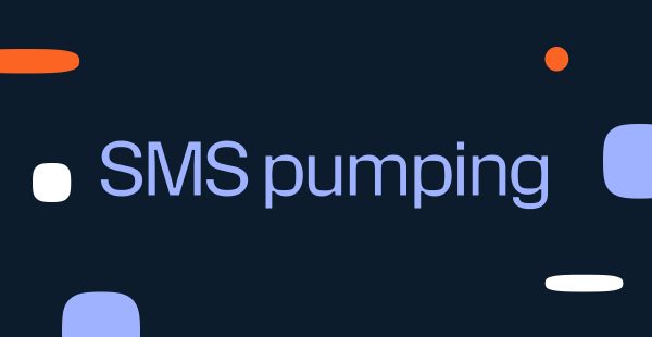 The image contains text ("SMS pumping") that, while largely conveyed by the surrounding page H1, should be preserved verbatim in the alt — the image is also used as a featured/social preview image where surrounding text is absent. The decorative shapes carry no meaning.
