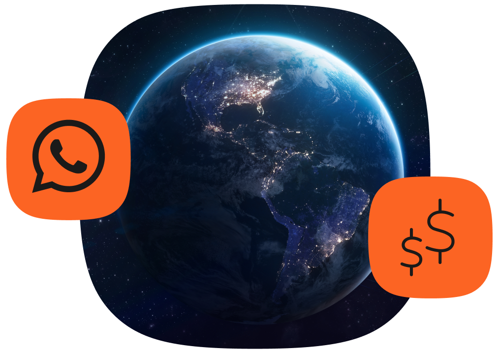 Glowing view of Earth at night with an orange WhatsApp icon and an orange money icon, highlighting the global reach of WhatsApp payments.
