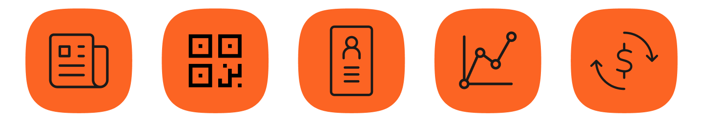 Row of five rounded orange icons showing a news page, QR code, customer profile, analytics chart, and payment arrows, representing WhatsApp payment features and use cases.