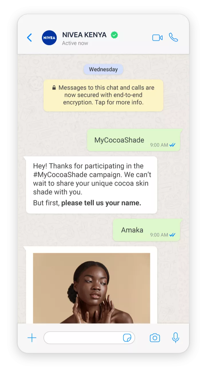 An image from a Nivea WhatsApp campaign showing a person engaging with a Nivea chatbot via WhatsApp