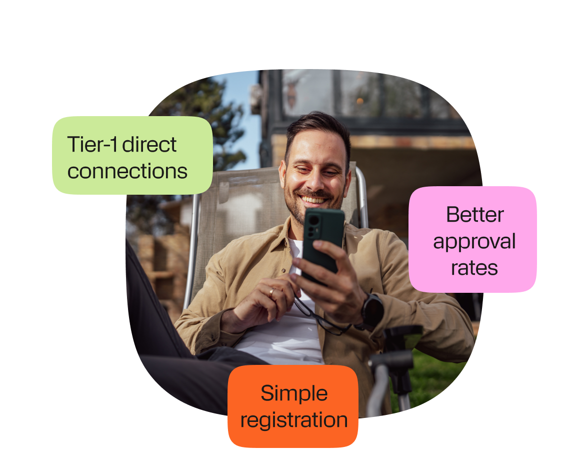 Photo of a smiling man sitting outdoors in a chair and looking at his smartphone, with colored text boxes around him. The text reads “Tier-1 direct connections,” “Better approval rates,” and “Simple registration.”