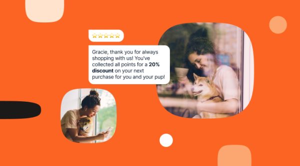 Text message with a five-star rating reads, "Gracie, thank you for always shopping with us! You've collected all points for a 20% discount on your next purchase for you and your pup!" Two photos show a smiling woman with a Shiba Inu dog, one of her looking at her phone.