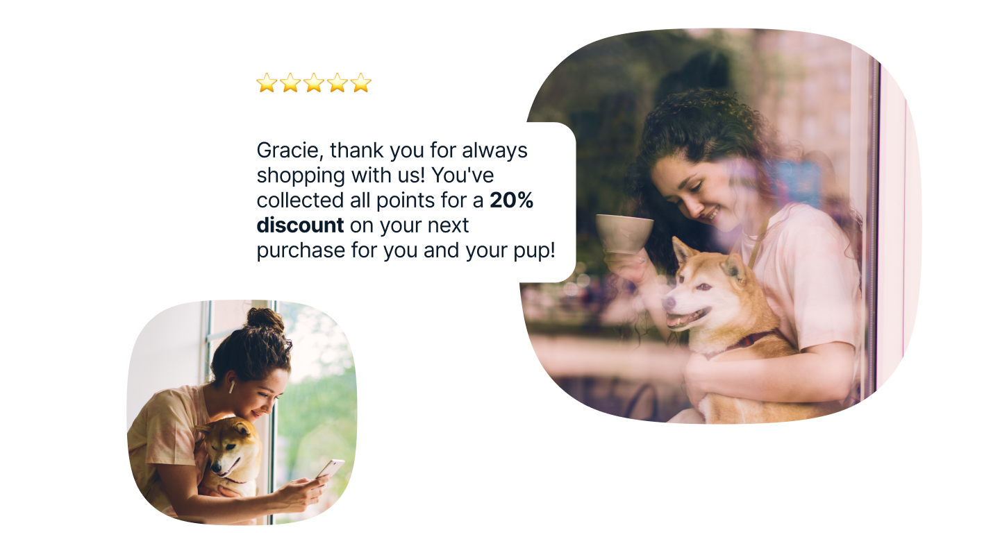 Loyalty reward text message with five stars reads, "Gracie, thank you for always shopping with us! You've collected all points for a 20% discount on your next purchase for you and your pup!" Next to it are two photos of a woman smiling at her Shiba Inu dog, one while holding a coffee cup and one while using her phone.
