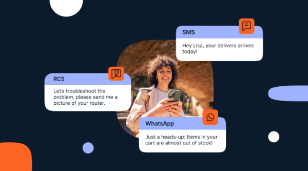 Dark-blue promotional banner On the right, a person stands outdoors under a stone arch, looking at a smartphone. Around them are chat bubbles representing different channels: an RCS message saying, “Let’s troubleshoot the problem, please send me a picture of your router,” an SMS saying, “Hey Lisa, your delivery arrives today!”, and a WhatsApp message saying, “Just a heads-up: Items in your cart are almost out of stock!” The Infobip logo appears in the bottom left corner.