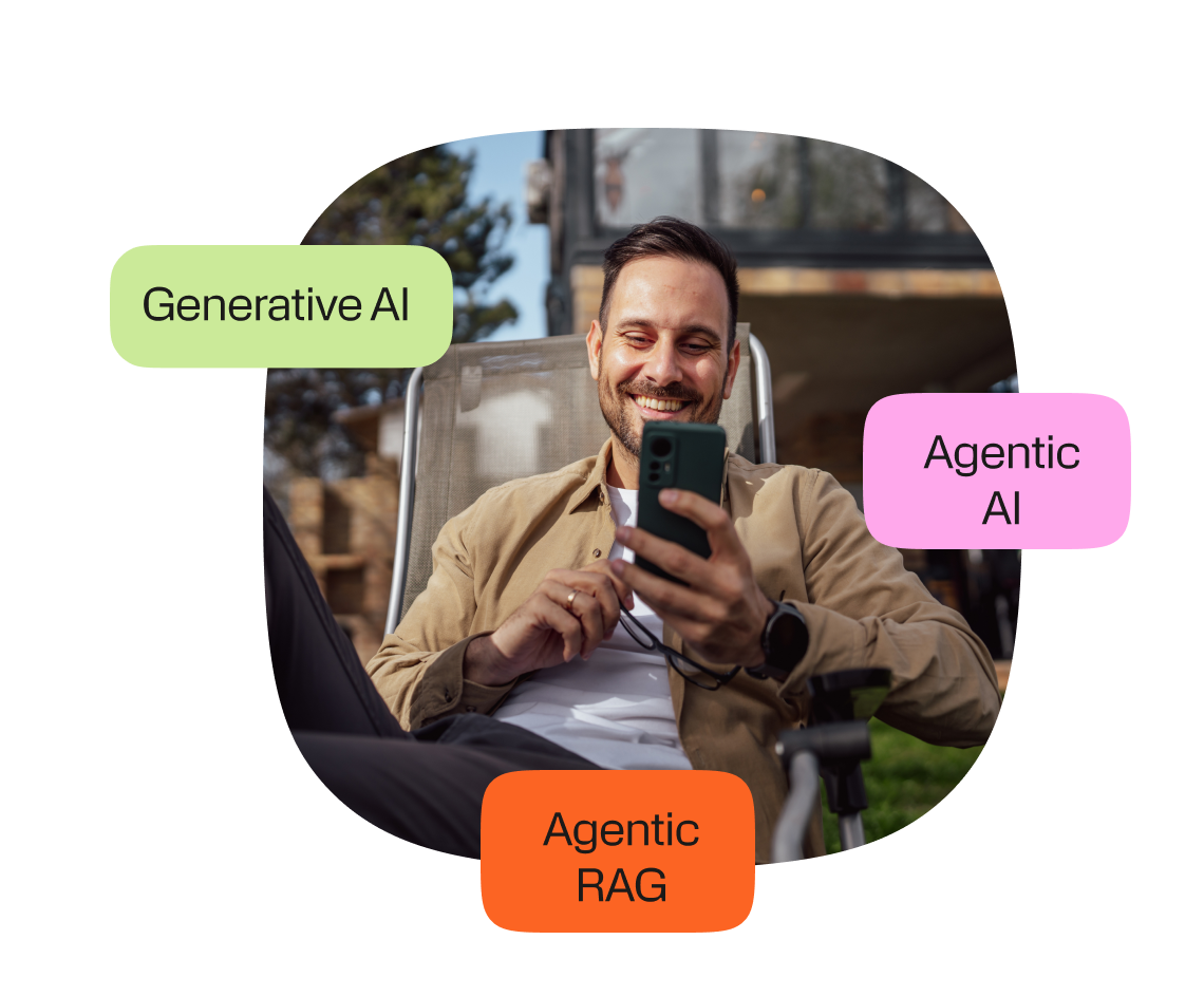 Person lounging outdoors in a deck chair, wearing a tan jacket and holding a smartphone with both hands, looking at the screen. The rounded image is framed by colorful speech-bubble labels: “Generative AI” in light green at the top left, “Agentic AI” in pink on the right, and “Agentic RAG” in orange at the bottom, suggesting AI technologies supporting a relaxed, mobile-use scenario.
