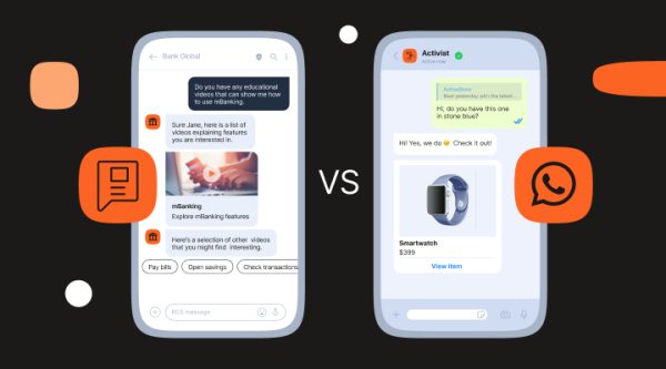 Header image showing a side-by-side comparison of an RCS and WhatsApp message