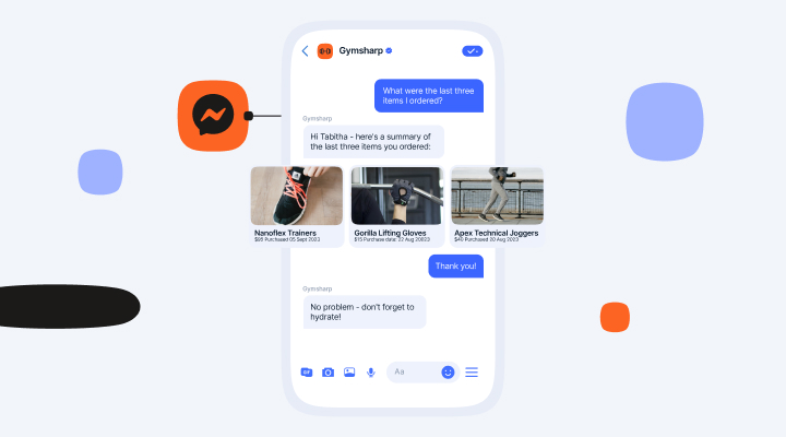 Header image showing a Facebook Messenger chatbot interaction where a person in asking about the last three items that they bought.