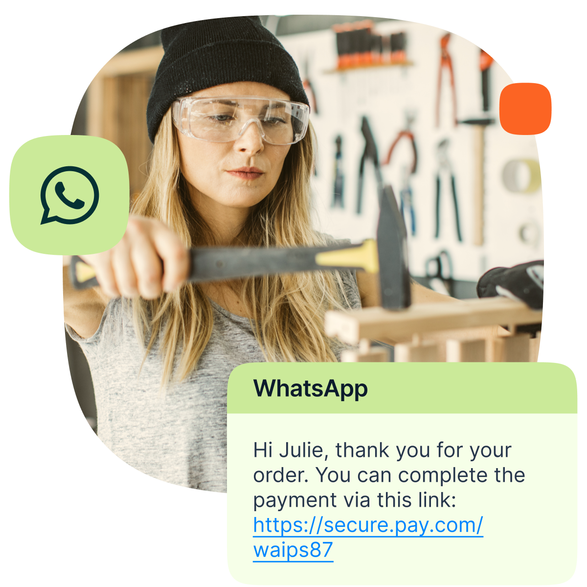 women with hammer and window with whatsapp text