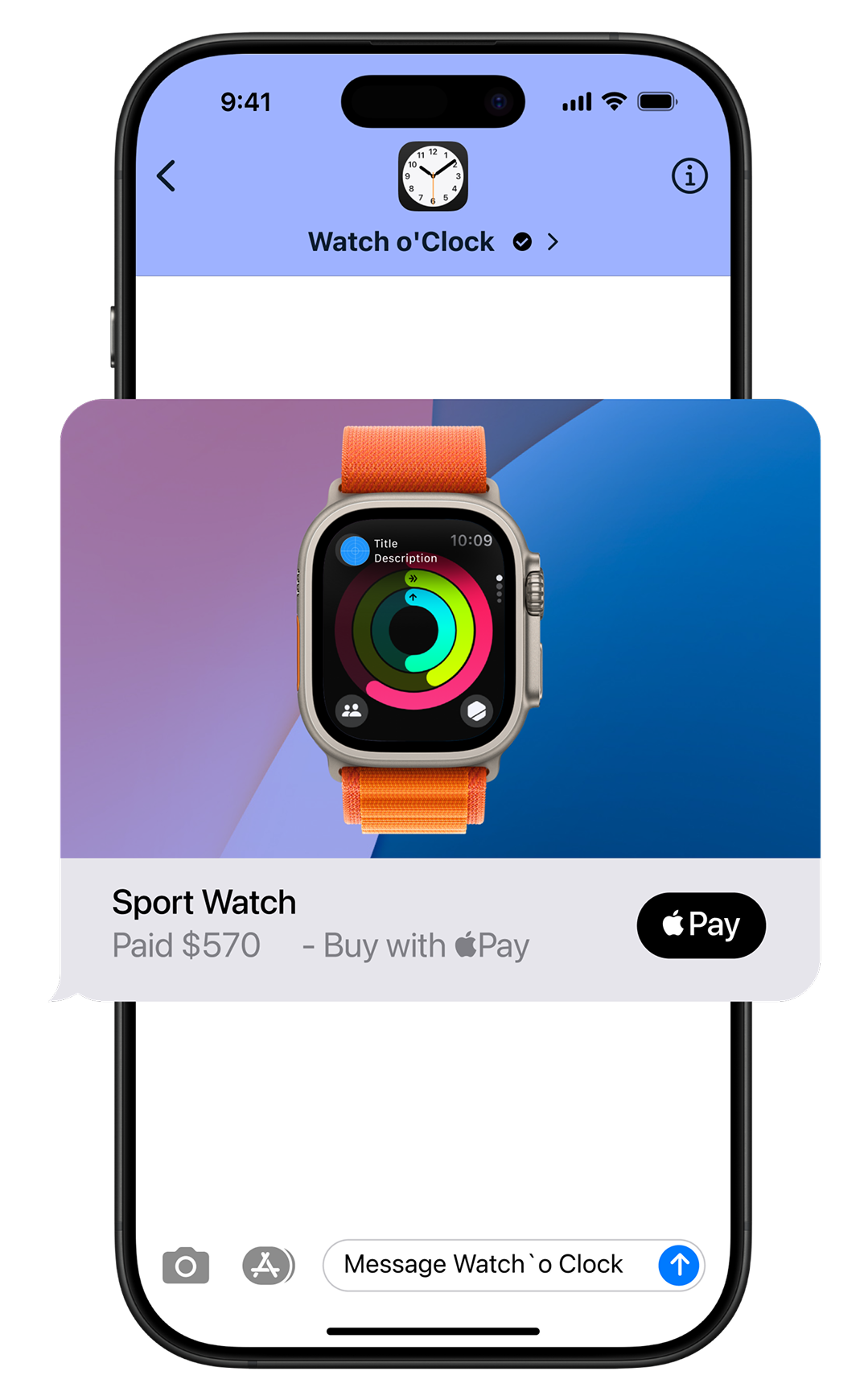 A smartphone screen showing a conversation with "Watch o'Clock" via Apple Messages for Business. A rich message card displays a sport smartwatch with an orange band, priced at $570, with a “Buy with Apple Pay” button underneath.