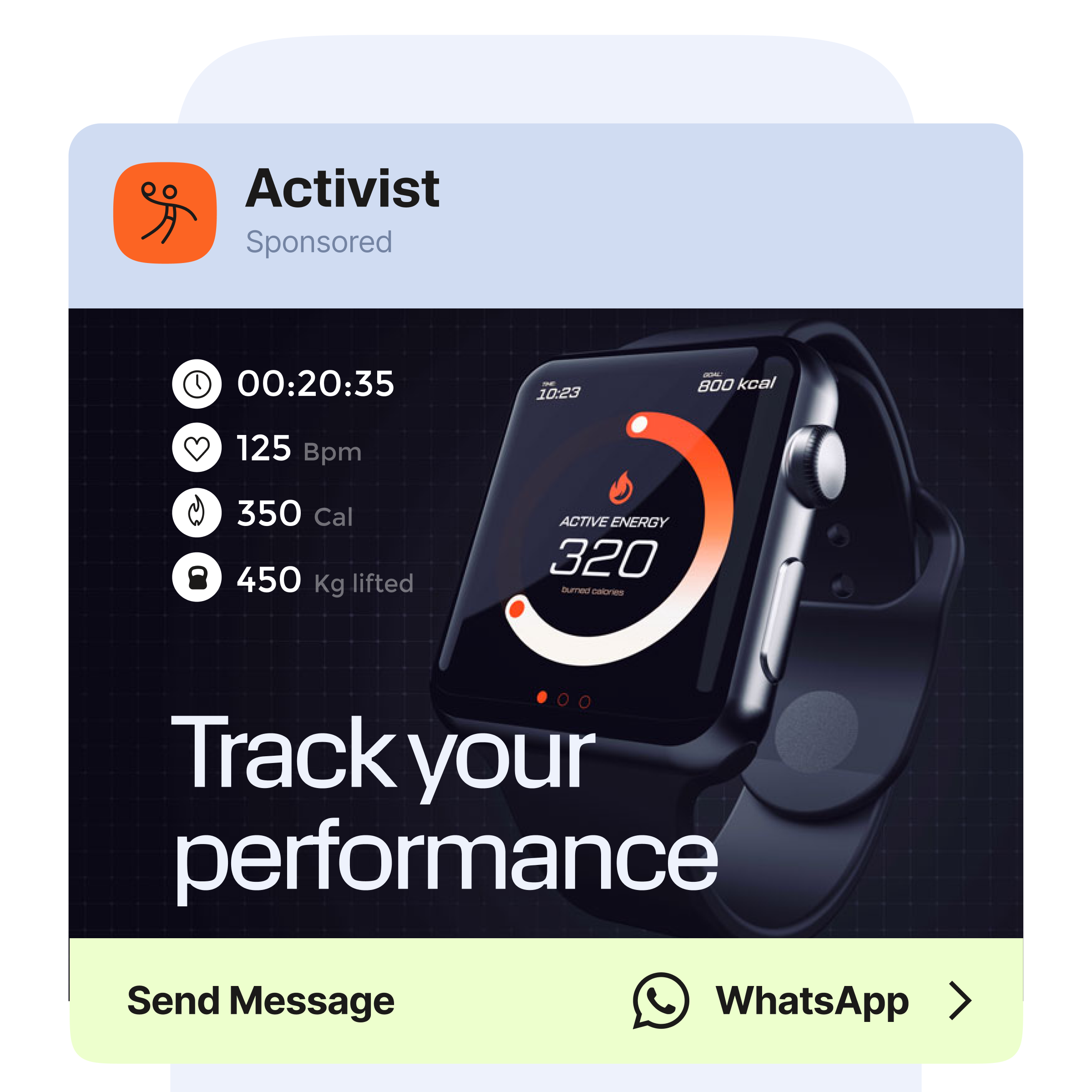 Example of Click to WhatsApp marketing ads on Instagram by a fitness brand named Activist. The left ad shows a smartwatch with fitness stats and text ‘Track your performance,’ while the right ad shows a man tying red running shoes with caption ‘Our new Athletics running collection is live! Don’t miss it out.’ Both include WhatsApp and Send Message buttons.