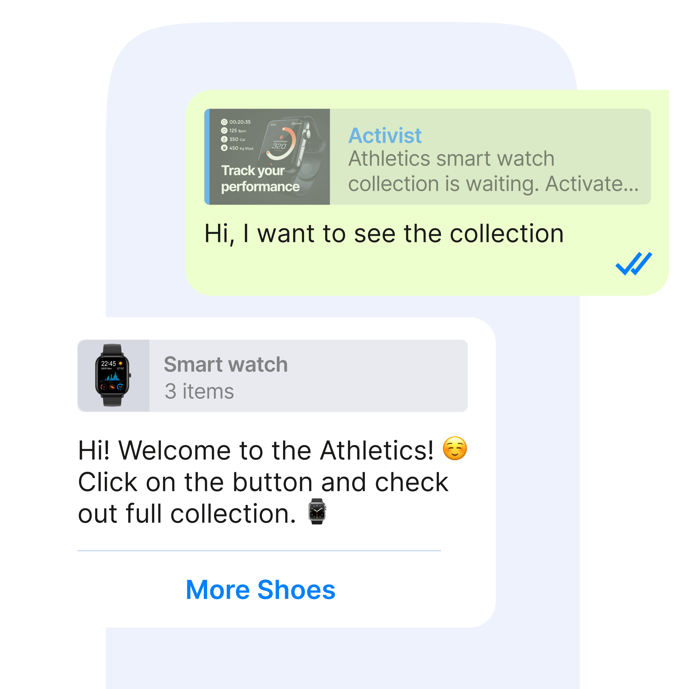 Example of a WhatsApp chatbot conversation in a marketing flow. Customer writes ‘Hi, I want to see the collection,’ and the automated Activist response says: ‘Hi! Welcome to Athletics! Click on the button and check out full collection.’ A product card for ‘Smart watch – 3 items’ and a ‘More Shoes’ button appear below.