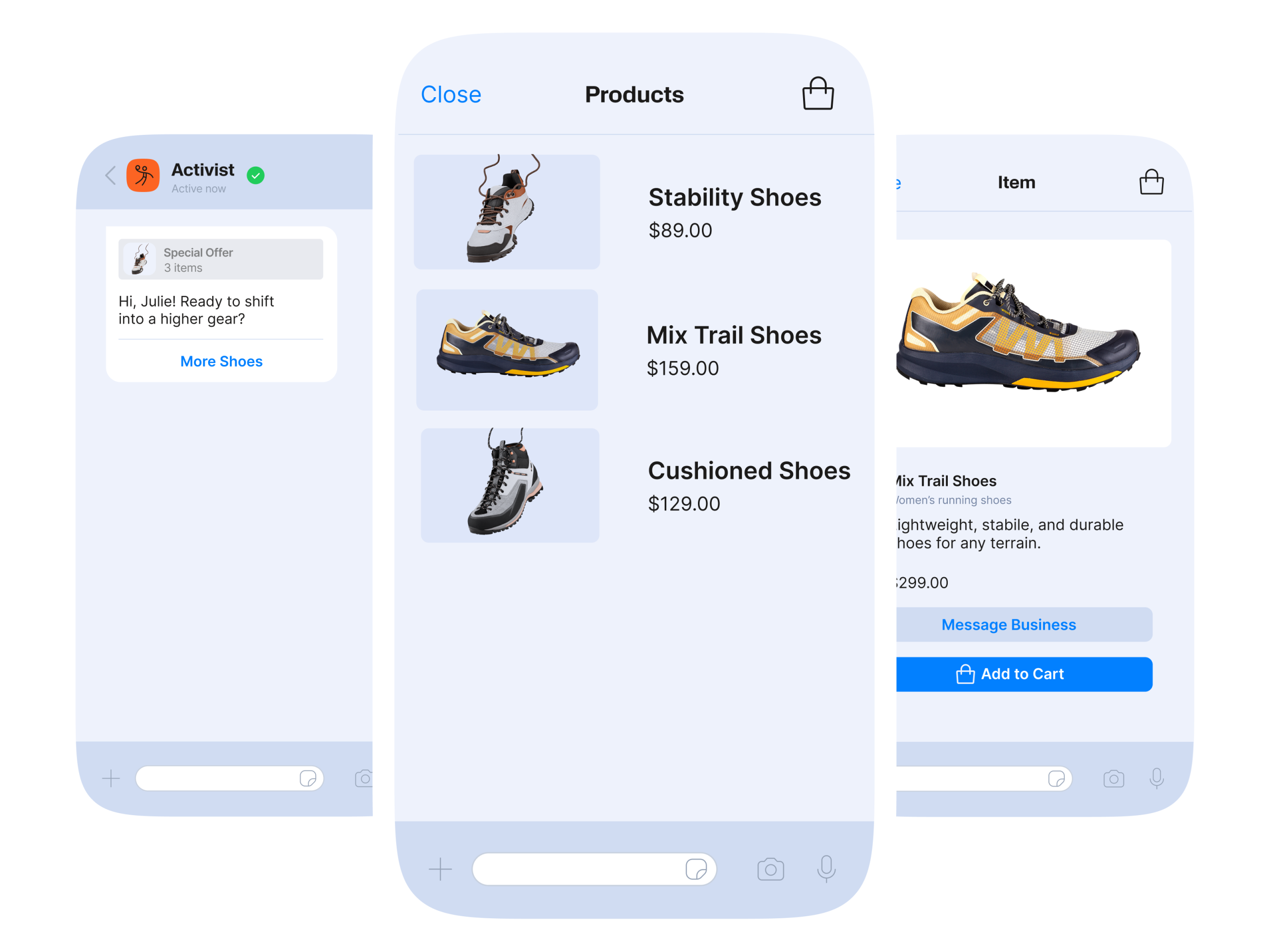 WhatsApp marketing multi-product message showing a running shoes catalog from Activist. The screen displays three products: ‘Stability Shoes – $89,’ ‘Mix Trail Shoes – $159,’ and ‘Cushioned Shoes – $129,’ each with product images and options like ‘Message Business’ or ‘Add to Cart.’