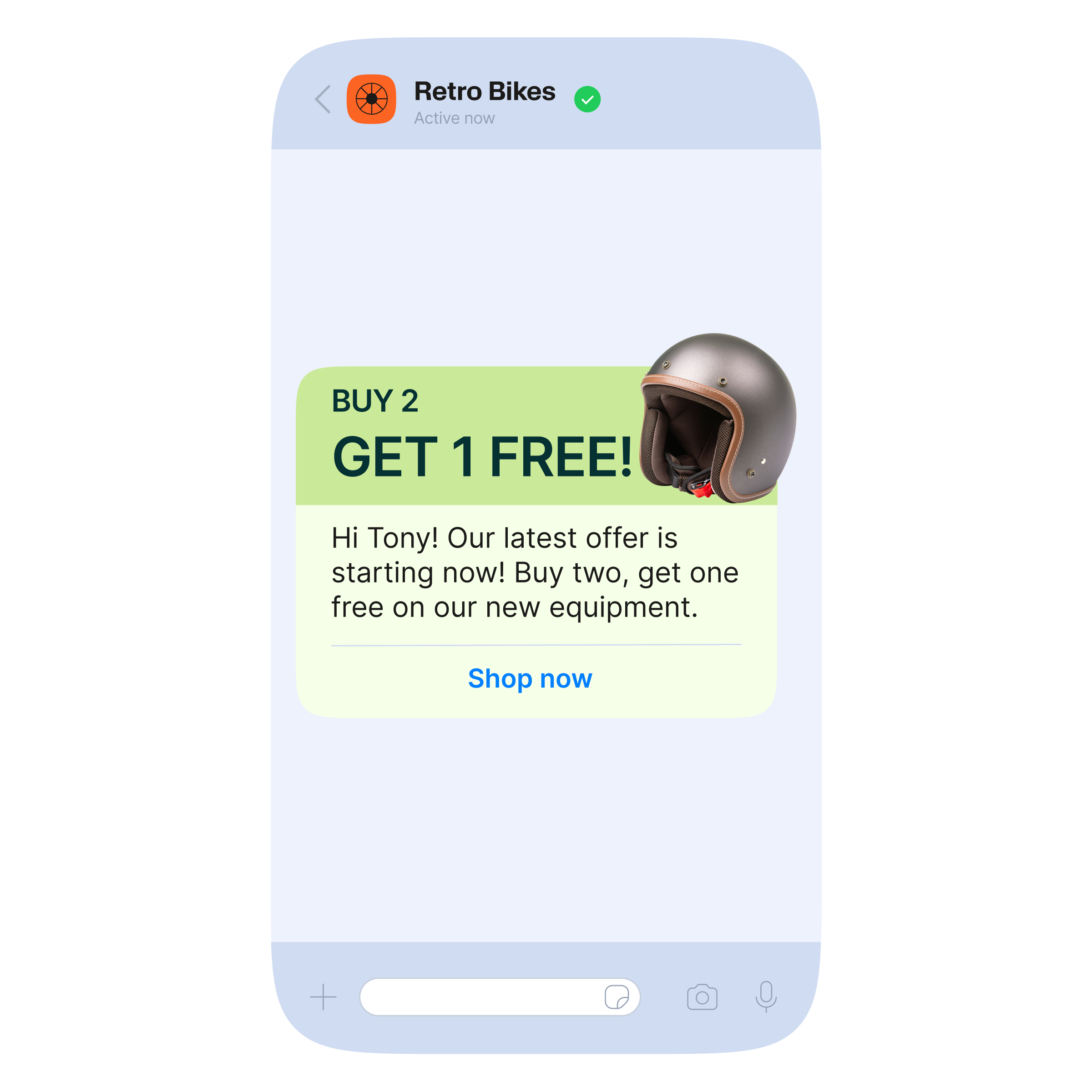 WhatsApp marketing message from Retro Bikes promoting a limited-time offer. The green message card reads: ‘BUY 2 GET 1 FREE! Hi Tony! Our latest offer is starting now! Buy two, get one free on our new equipment.’ Includes a helmet image and ‘Shop now’ button.