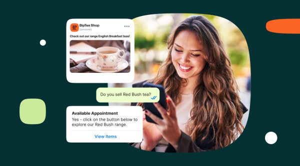 visual showing a woman smiling at her phone with examples of business-to-customer WhatsApp messages for a blog on how to create an effective WhatsApp marketing strategy.