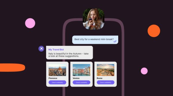 Header image for blog about how to build a Viber bot - showing a chatbot making a travel recommendation