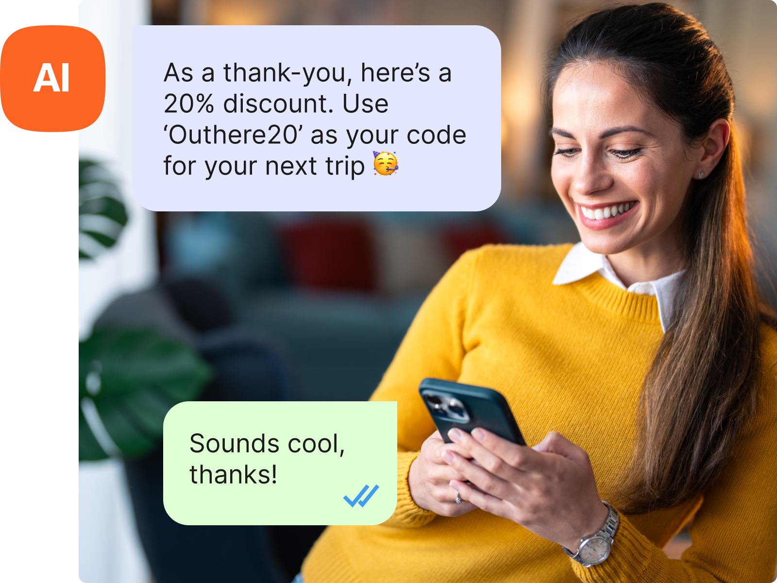 Mujer en celular recibe mensaje de descuento generado por IA, conversando con naturalidad y captando la atención del cliente.