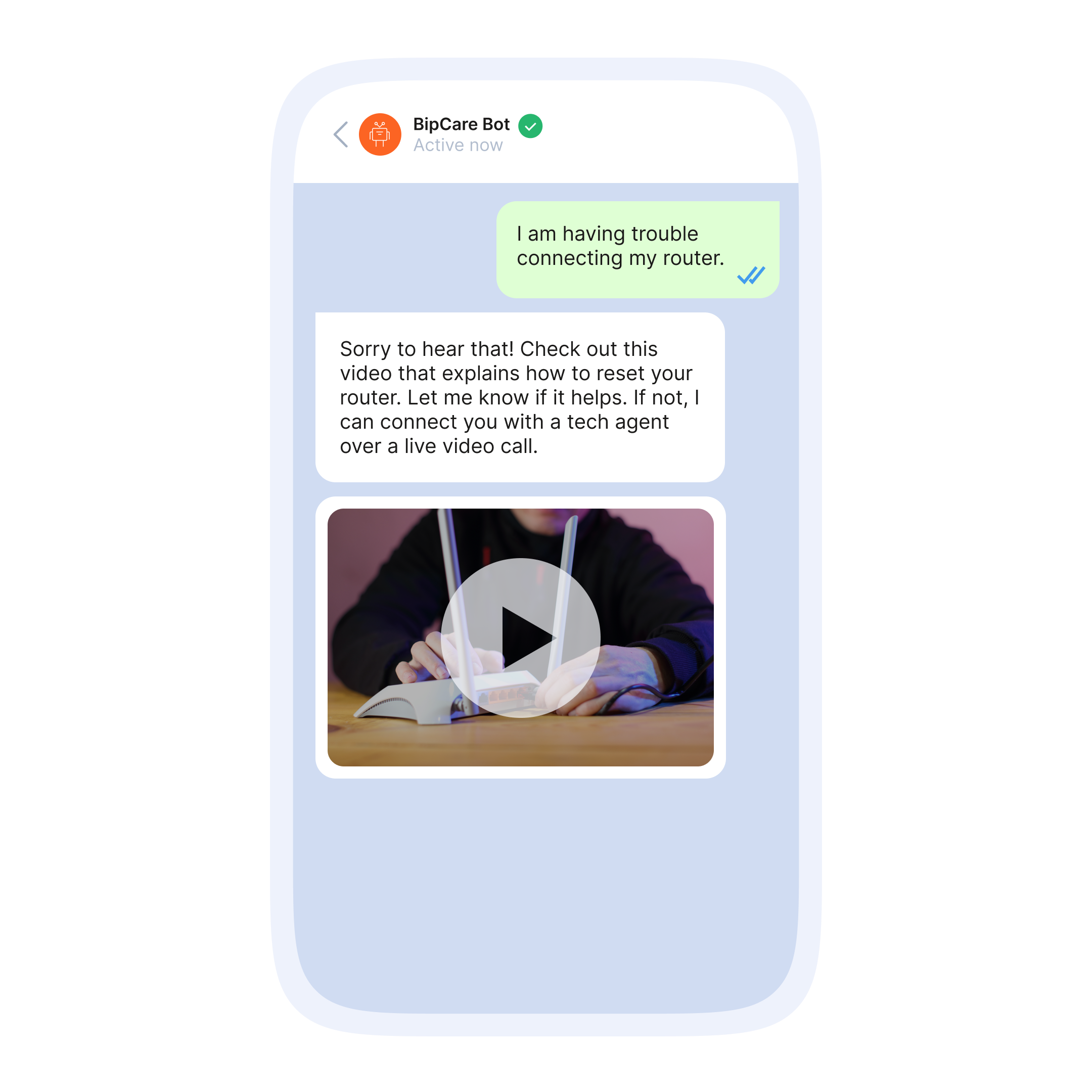 Teléfono con conversaciones de chat impulsadas por IA que ilustra un escenario de soporte conversacional utilizando IA.