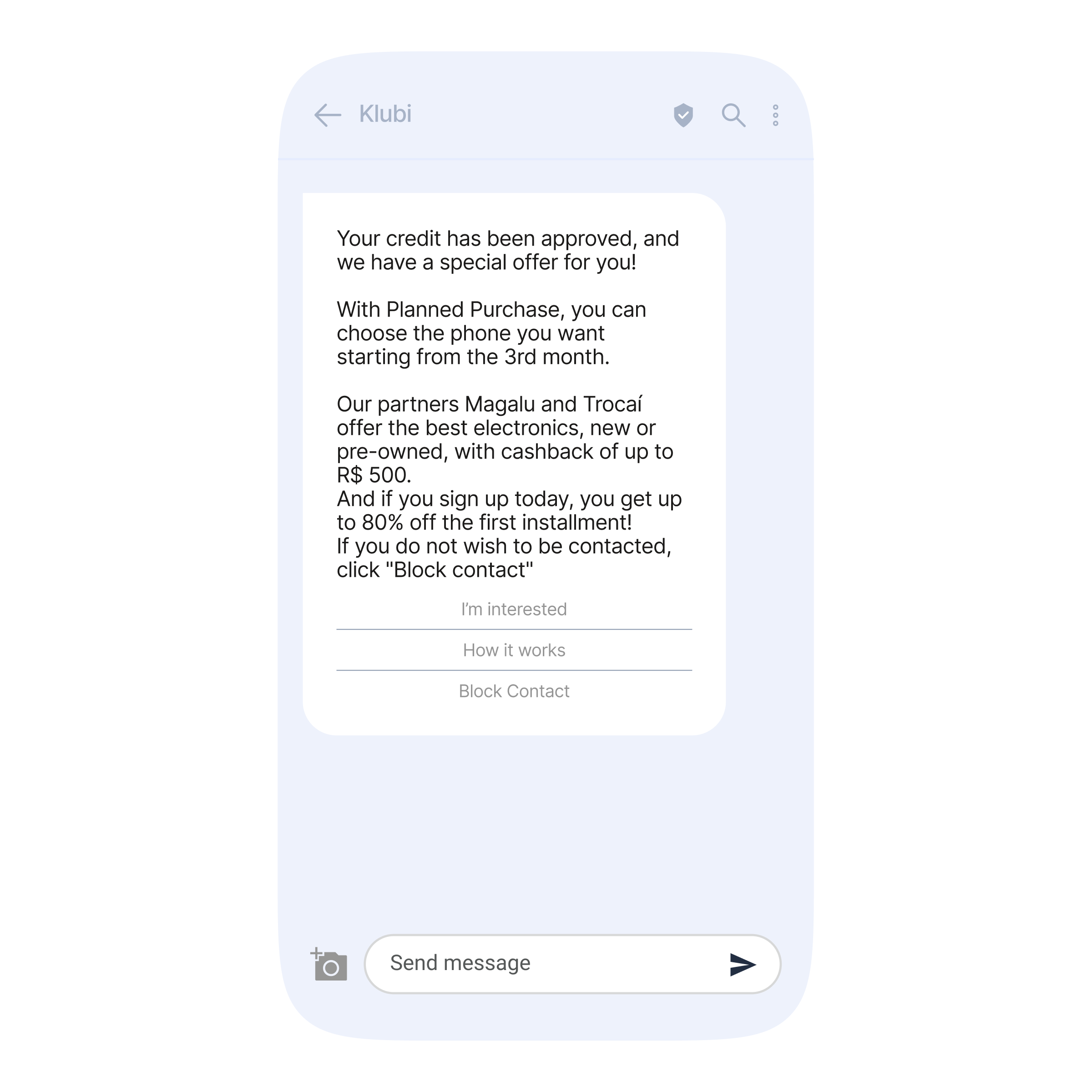 An image of a phone screen displaying an RCS message informing the customer about the special offers available through Klubi partners.
