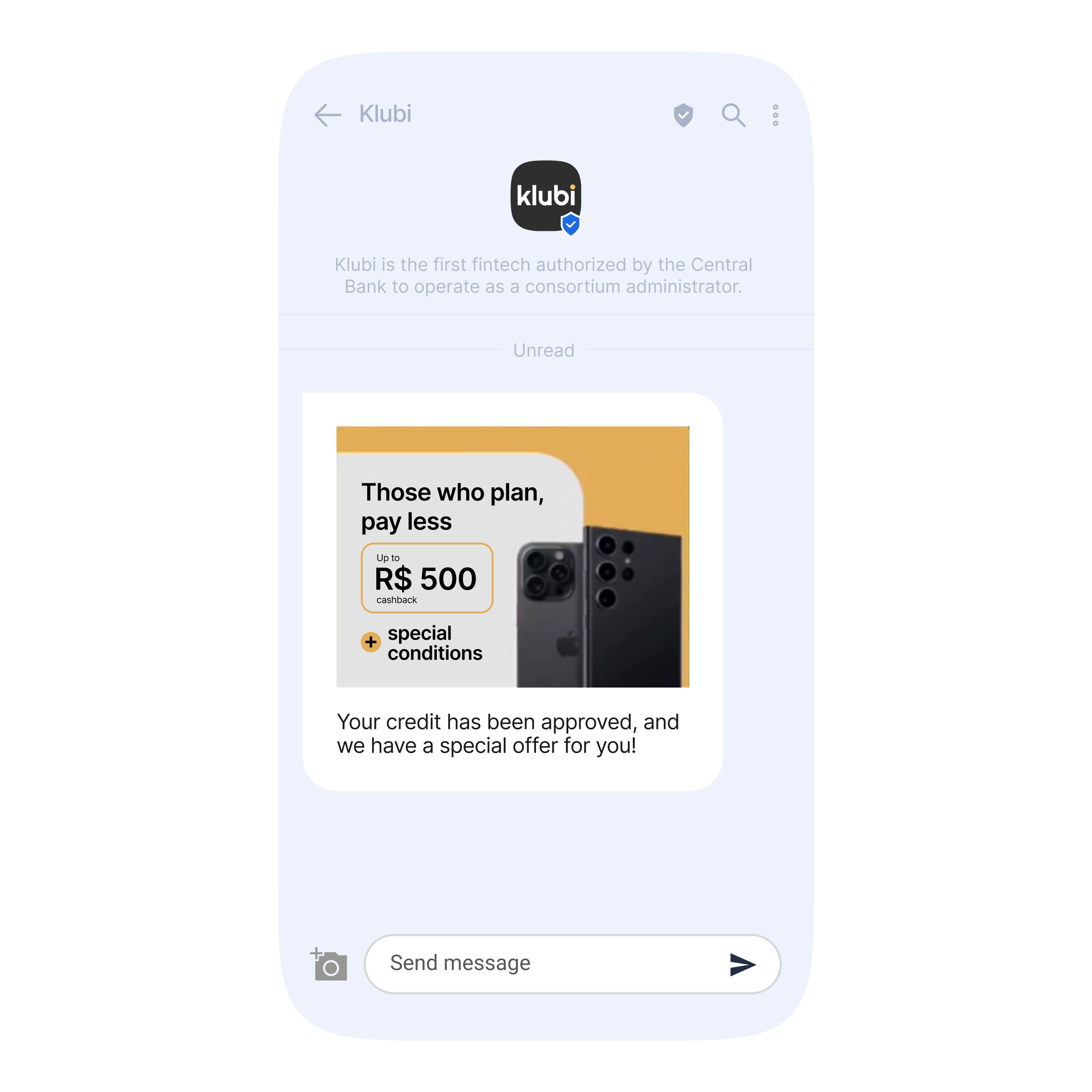 An image of a phone screen displaying an RCS message informing the customer that their credit application has been approved.
