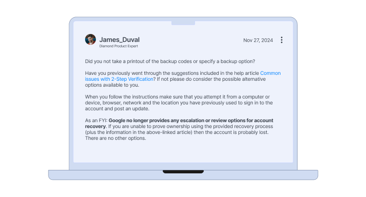 A reply from an expert user providing options for resetting a Google account.