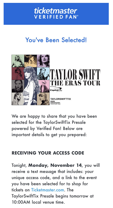 An image of a successful registration process for concert tickets that requires verification by text message.