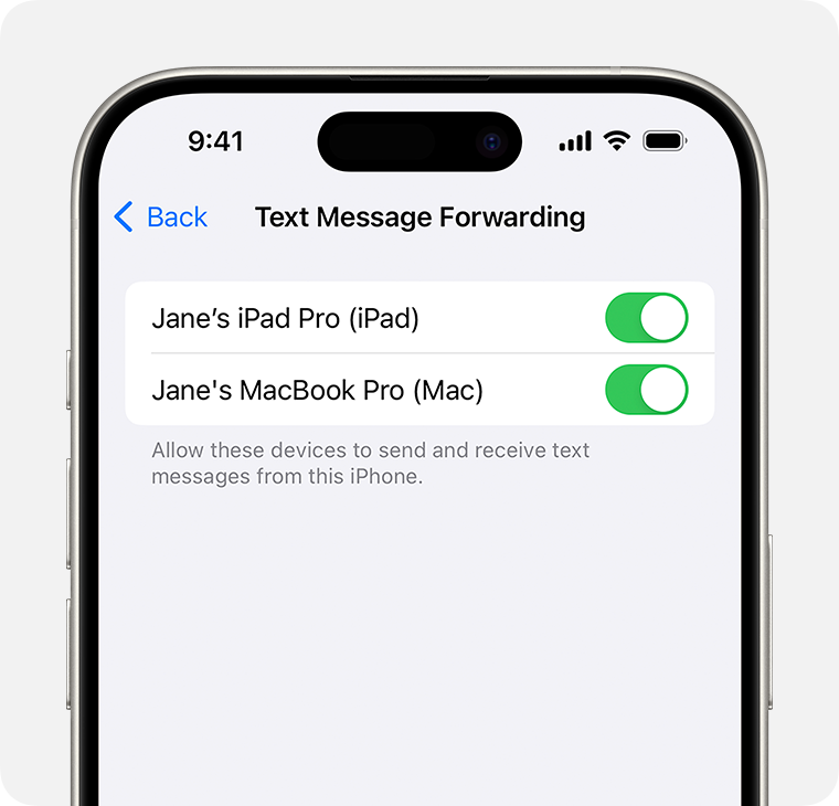 A screenshot of an iPhone settings screen where you can set up SMS forwarding to an alternate iOS device.